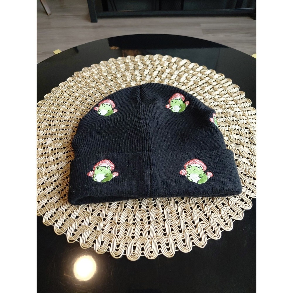 Hot Topic Frog And Mushroom Embroidered Black Knit Beanie Hat Psychedelic Hippy